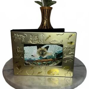 Burnes Gold Cat-Themed Photo Frame with Black Velvet Album